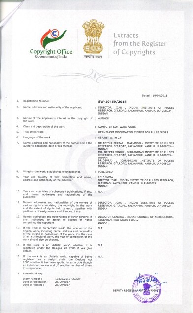 Copyright certificate for Germplasm information system for pulse crops