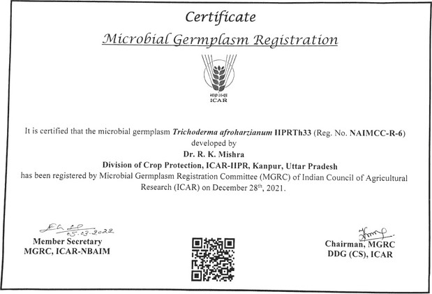 Microbial germplasm registration certificate for Trichoderma afroharzianum IIPRTh33