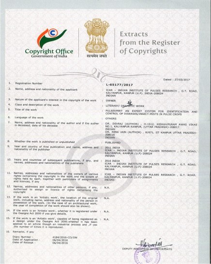 Copyright certificate for PulsExpert &mdash; expert system for pulse crops